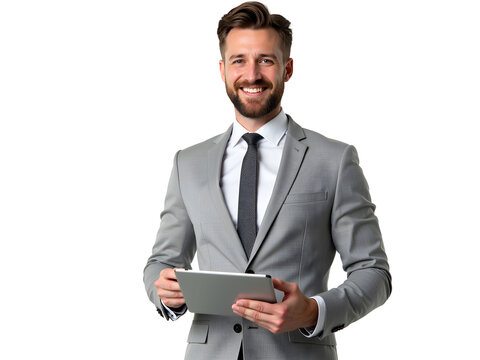 Professional Businessman Holding Tablet and Smiling in Grey Suit on Transparent PNG Background
