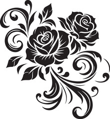 Black Rose Floral Vector Design with Ornamental Swirls and Leaves – Elegant Decorative Flower Illustration for Tattoos, Invitations, and Digital Art