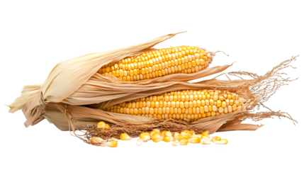 A stack of golden corn cobs with husks partially peeled back, isolated on white background
