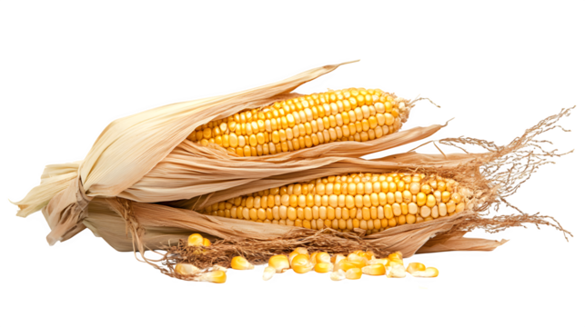 A stack of golden corn cobs with husks partially peeled back, isolated on white background