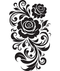 Black Rose Floral Vector Design with Ornamental Swirls and Leaves – Elegant Decorative Flower Illustration for Tattoos, Invitations, and Digital Art