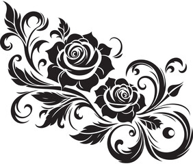 Black Rose Floral Vector Design with Ornamental Swirls and Leaves – Elegant Decorative Flower Illustration for Tattoos, Invitations, and Digital Art
