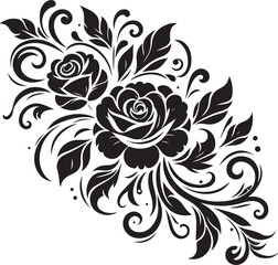 Black Rose Floral Vector Design with Ornamental Swirls and Leaves – Elegant Decorative Flower Illustration for Tattoos, Invitations, and Digital Art