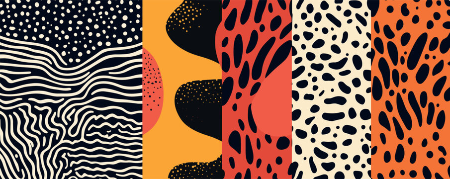 Colorful abstract patterns with organic shapes and bold lines in geometric forms.