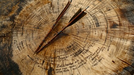 Close-up of wooden log with engraved markings and arrows resting on its surface in a natural setting