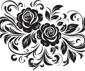 Black Rose Floral Vector Design with Ornamental Swirls and Leaves – Elegant Decorative Flower Illustration for Tattoos, Invitations, and Digital Art