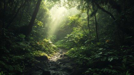 Obraz premium Sunrays shine through the dense rainforest canopy.