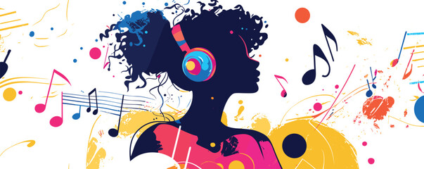 Vibrant silhouette of a woman listening to music with colorful headphones and musical notes.