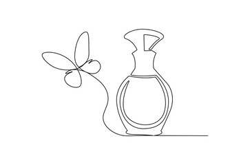 Continuous one line drawing of Perfume bottle with butterfly. Single line drawing illustration of Bottle of parfume luxury. Beauty and fashion concept vector art. Doodle line illustration.
