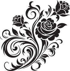 Black Rose Floral Vector Design with Ornamental Swirls and Leaves – Elegant Decorative Flower Illustration for Tattoos, Invitations, and Digital Art