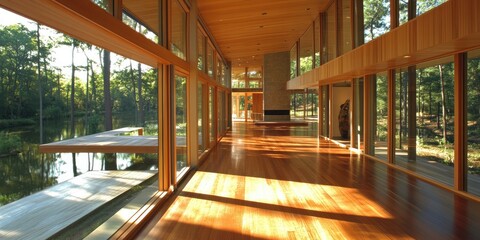 Fototapeta premium Modern Wooden House with Panoramic Lake Views: Interior Design and Architecture