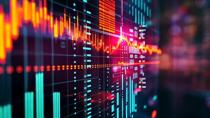 Digital data visualization on a screen, showing various graphs and charts in vibrant colors - Powered by Adobe