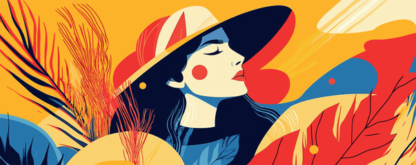 Stylized portrait of a woman with hat amidst vibrant abstract leaves and shapes.