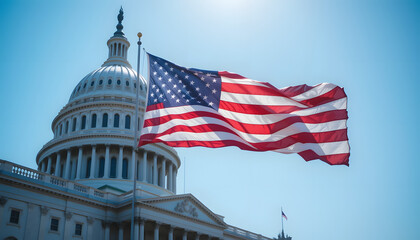 American flag display u.S. Capitol building photography clear sky wide angle patriotism and freedom