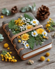 Handmade Journal with Dried Flowers on Wooden Surface