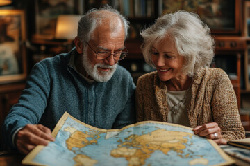 Older couple studying map together.