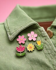 Flower Enamel Pins on Green Jacket Collar