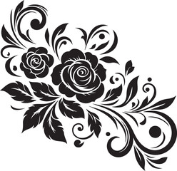 Black Rose Floral Vector Design with Ornamental Swirls and Leaves – Elegant Decorative Flower Illustration for Tattoos, Invitations, and Digital Art