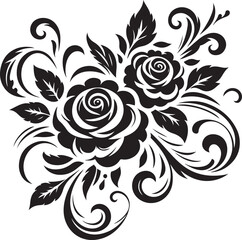 Black Rose Floral Vector Design with Ornamental Swirls and Leaves – Elegant Decorative Flower Illustration for Tattoos, Invitations, and Digital Art