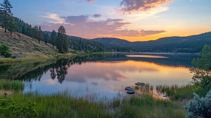 Serene lake at sunset, reflecting vibrant sky hues over a tranquil mountain landscape