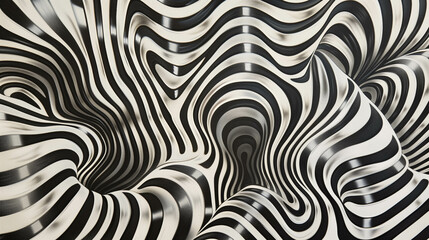 Hypnotic black and white optical illusion with distorted wavy stripes and warped geometry