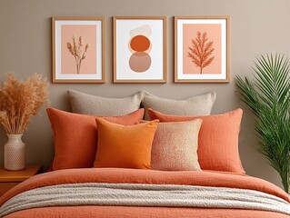 Cozy Bedroom Interior with Orange Bedding and Art