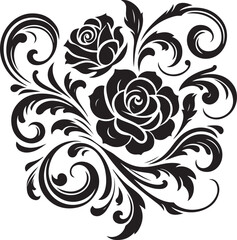 Black Rose Floral Vector Design with Ornamental Swirls and Leaves – Elegant Decorative Flower Illustration for Tattoos, Invitations, and Digital Art