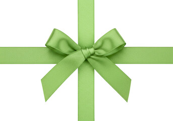 Close up of a green ribbon bow tied around a package or present isolated on transparent background