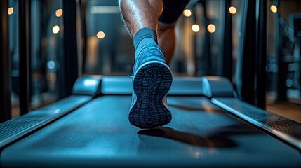 Fototapeta premium Close-up view of a person using a treadmill in a gym showing strength and focus while running towards fitness goals