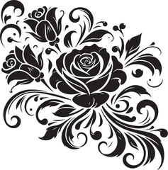 Black Rose Floral Vector Design with Ornamental Swirls and Leaves – Elegant Decorative Flower Illustration for Tattoos, Invitations, and Digital Art
