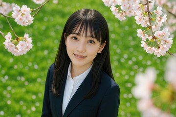笑顔の若い日本人女性、桜の背景