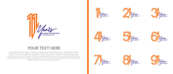 logo anniversary set. orange color with purple handwriting on white background for special event