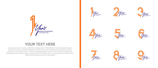 logo anniversary set. orange color with purple handwriting on white background for special event