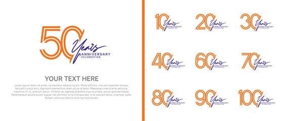 logo anniversary set. orange color with purple handwriting on white background for special event