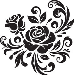 Black Rose Floral Vector Design with Ornamental Swirls and Leaves – Elegant Decorative Flower Illustration for Tattoos, Invitations, and Digital Art