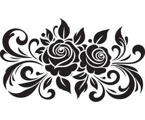 Black Rose Floral Vector Design with Ornamental Swirls and Leaves – Elegant Decorative Flower Illustration for Tattoos, Invitations, and Digital Art
