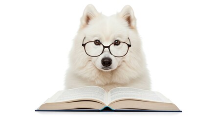 A white fluffy dog wearing glasses is reading an open book against a white background in a studio shot