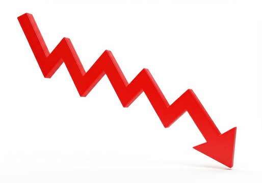 A red arrow showing a downward trend isolated on white background