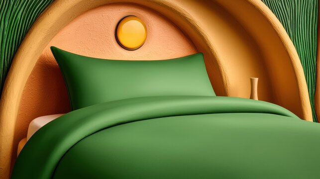 Dark green bedding on a bed with an abstract, curved headboard in earthy tones. The headboard features textured, ochre and green patterns.  Soft