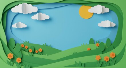 Paper Cutout Landscape with Rolling Hills, Sun, and Clouds