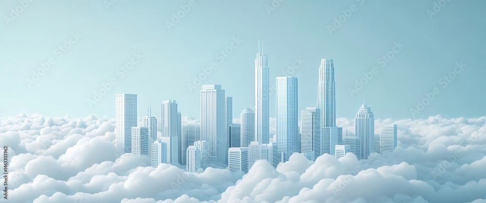 Poster 薄い青色の空に浮かぶ雲の中にある白い高層ビル群のミニマリストの風景 都市のスカイラインと現代建築の背景にある夢のような静かな天国
