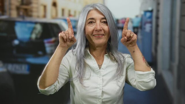 Senior woman with grey hair outdoors on a street joyfully raising her fingers as if pointing at something inspiring above the city landscape.