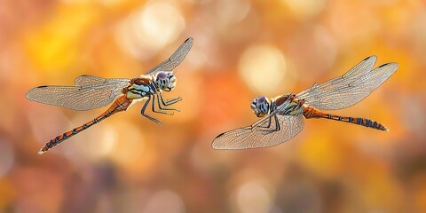 Two dragonflies in flight, vibrant colors against a soft, bokeh background