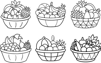 Set of fruit basket outline vector illustration, line art