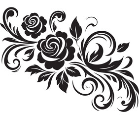 Black Rose Floral Vector Design with Ornamental Swirls and Leaves – Elegant Decorative Flower Illustration for Tattoos, Invitations, and Digital Art