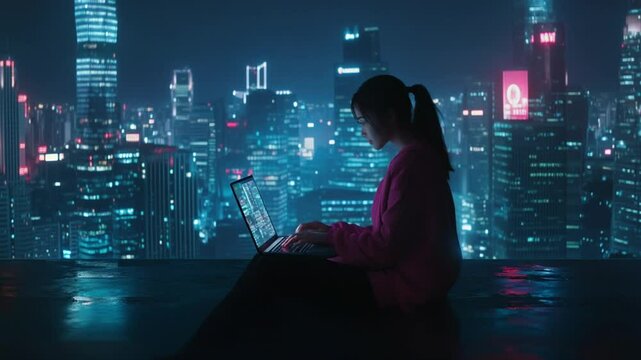 Young woman using laptop, working on rooftop with digital cityscape at night