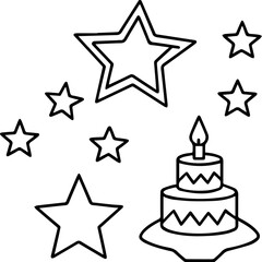 stars and birthday cake outline vector illustration, line art