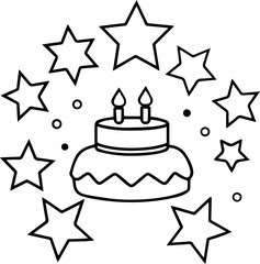 stars and birthday cake outline vector illustration, line art