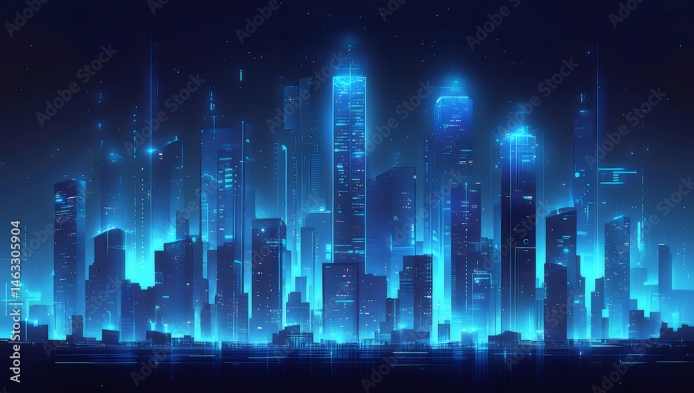 Aufkleber 青色のネオンライトが輝く未来的な都市のスカイラインの夜景 都市の景観を捉えた抽象的な幾何学的デザインの建物と高層ビルが立ち並ぶ背景