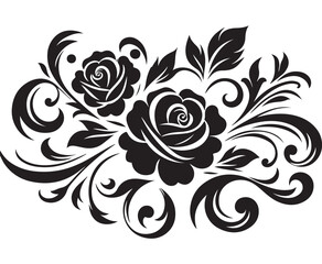 Black Rose Floral Vector Design with Ornamental Swirls and Leaves – Elegant Decorative Flower Illustration for Tattoos, Invitations, and Digital Art